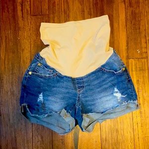 Distressed denim maternity shorts